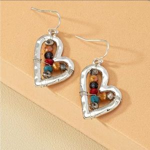 NWT Silver Asymmetric Heart Dangle Earrings with Wired Beads